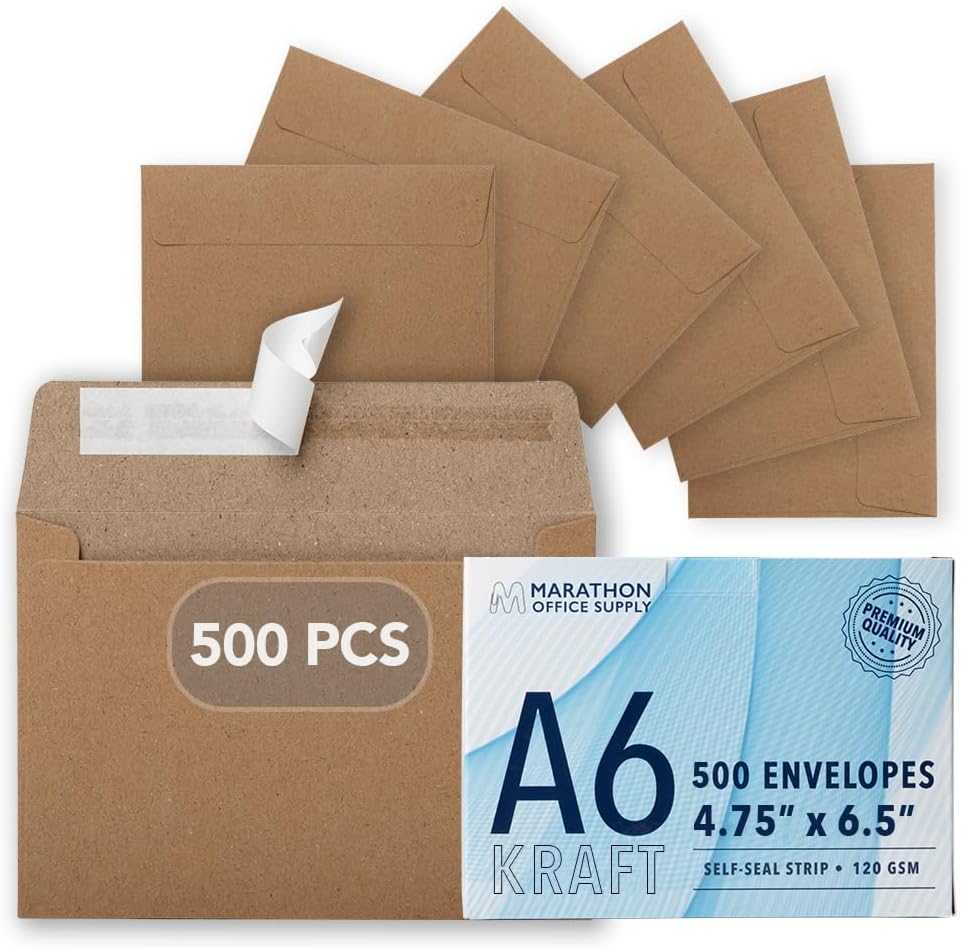 MOS A6 Kraft Envelopes 4.75 x 6.5 Inch 500 Pack  Brown Self-Seal Heavyweight Invitation Envelopes for Greeting Cards, Gift Cards, Weddings, Business Mailings, Thank You Cards