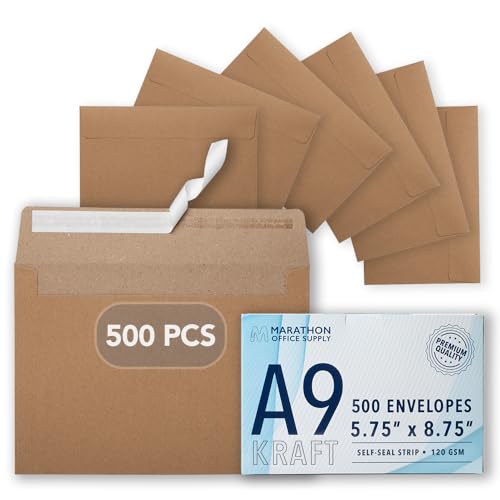 MOS A9 Kraft Envelopes 5.75 x 8.75 Inch 500 Pack  Brown Self-Seal Heavyweight Invitation Envelopes for Greeting Cards, Card Making, RSVP, Wedding Invitations, Business Mailings