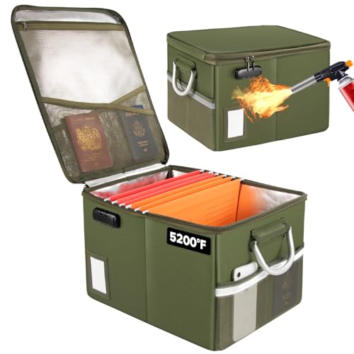 TOMKID 5200F Fireproof Document Box, Fire Important Document Organizer with Lock, Upgraded Heat Insulated Filing Storage Cabinet Office Organization (5200F Fireproof Box, Green)