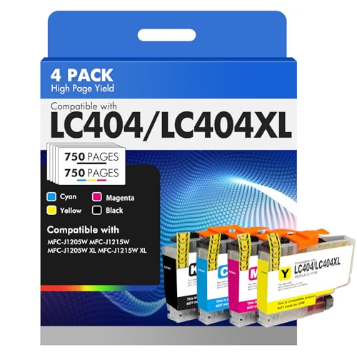 LC404XL LC404 Ink Cartridges for Brother Printer 404XL LC 404 XL for MFC-J1205W MFC-J1215W MFC J1205W J1215W - 4 Pack High Yields Black Cyan Magenta Yellow