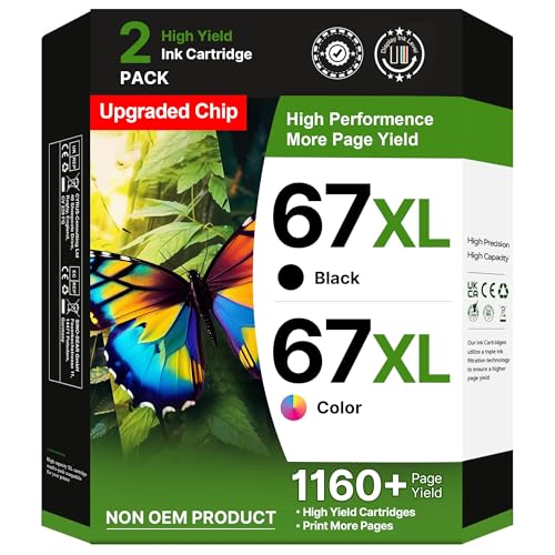 67XL Ink Cartridges Black/Color Combo Pack Replacement for HP Ink 67 67XL Printer Ink Works for HP DeskJet 2827e 2755e 2700 2855e 2842e 2800 4155e 2755 2852e Envy 6055e 6000 6455e (1 Black, 1 Color)