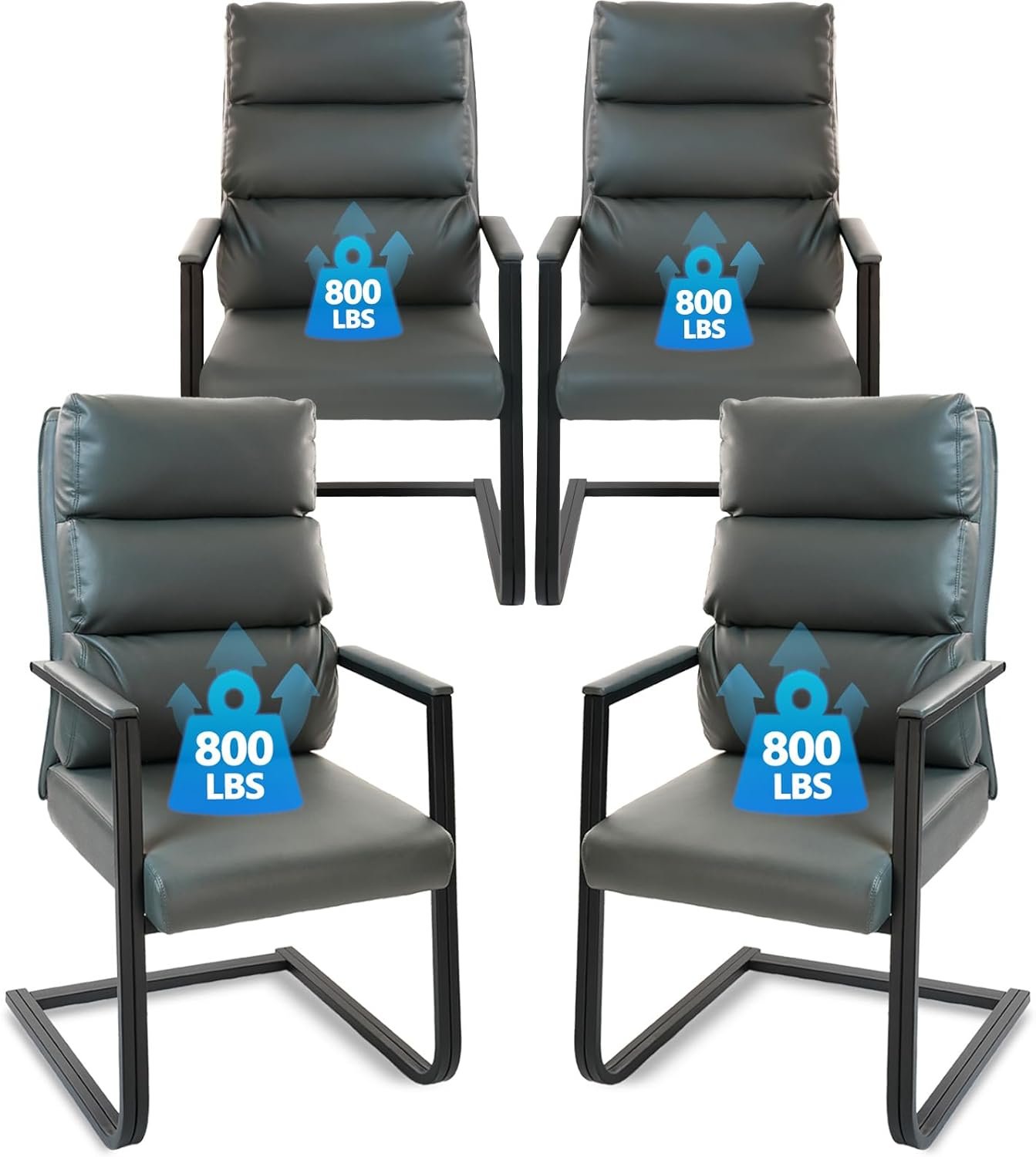 CLATINA 800lbs Big and Tall Office Chair Upholstered Leather Comfortable Reception Chairs with Sled Base and Bonded Padded Arm Rest for Conference Waiting Room Home Gray 4 Pack