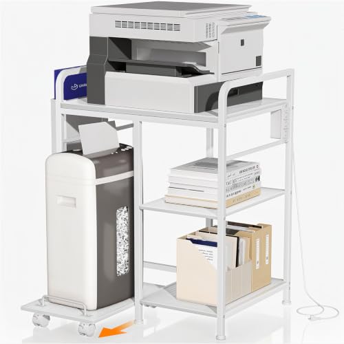 Home Printer Stand with Charging Station, 24x18 Inches Stands for Large Printer, Printer Shredder Stand with Storage for Home Office, Table for Fax Machine/PC Tower (White)