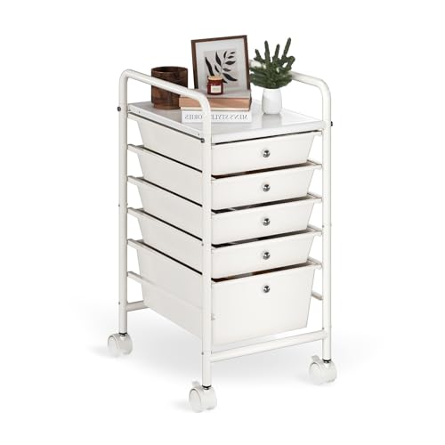 6-Tier Rolling Cart with 5 Drawers, Rolling Utility Cart with 2 Lockable Caster Wheels, Multipurpose Mobile Rolling Storage Drawer Cart for Office Bathroom Kitchen, Ivory White
