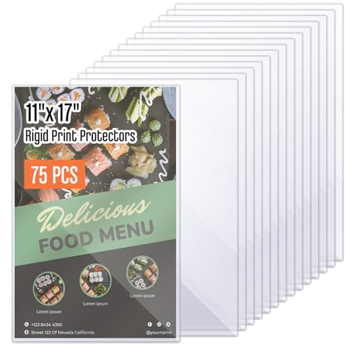 Henoyso 75 Pcs 11" x 17" Rigid Print Protectors, Heavy Duty Hard Plastic Sheet Page Protectors Crystal Menu Holder Clear Poster Sleeve Top Loading Frame for Magazine Photo Paper Poster Prints