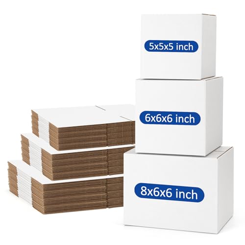 Assorted-Sizes-Shipping-Boxes-45-Pack: 5x5x5 & 6x6x6 & 8x6x6 Small-Shipping-Boxes-Mailers, White Corrugated-Cardboard-Boxes-for-Packing-Small-Business Mailing