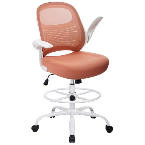 HYLONE Tall Drafting Chair Standing Desk Chair with Flip-Up Armrests, Adjustable Height Ergonomic Office Chair with Footrest Ring - High Stool Chair for Standing Desk (Pink)