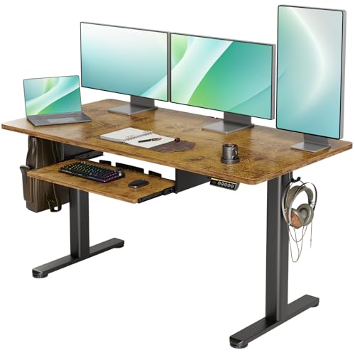 YDN Standing Desk with Keyboard Tray, 55 Inch Height Adjustable Desk, Brown Stand Up Desks for Home and Office, 55inch Rustic Brown