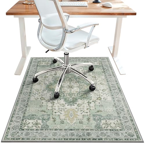 48"x72" Office Chair Mat for Hardwood Tile Floor, Under Desk Carpet Protector for Rolling Computer Chair Mat, Machine Washable Area Rug, Anti-Slip 1/5" Thick Low Pile Thin Vinyl Floor Mat, Green