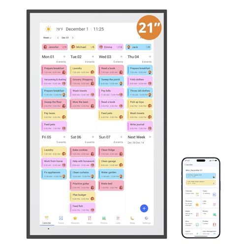 Digital Calendar 21.5 Inch Touch Screen, Electronic Wall Calendar Chore Chart for Family Monthly/Weekly Planner, Interactive Display Smart Calendar for Home Organization, Desk Mount Included - Black