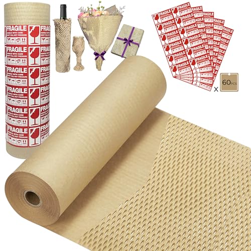 Honeycomb Packing Paper Wrap 15''x500', Substitute Alternative for Bubble Cushioning Wrap for Moving Shipping Packaging, Recyclable Moving Supplies with 60 Fragile Sticker Labels
