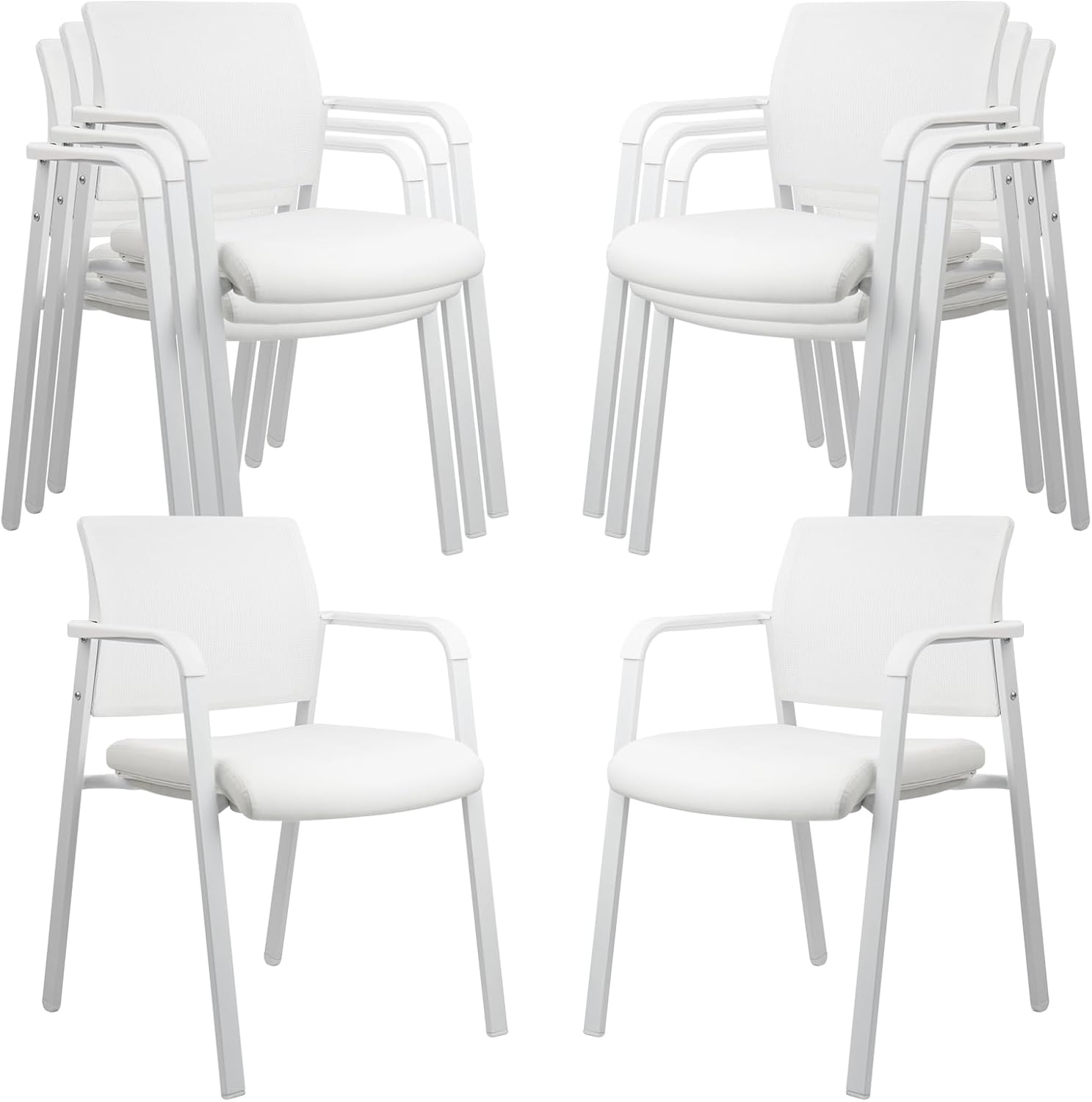 CLATINA Stacking Office Chairs | Mesh Back, Thicken Leather Seat and Arms, Ergonomic Lumber Support | Guest Reception, Waiting, Conference, School, Party, Customer, Side, Stationary | Set of 8, White