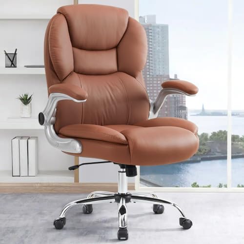 Executive Office Chair, Ergonomic Big and Tall Computer Desk Chair, High Back PU Leather Chair with Padded Flip-up Armrest, Lumbar Support Swivel Rolling Chairs (Brown)