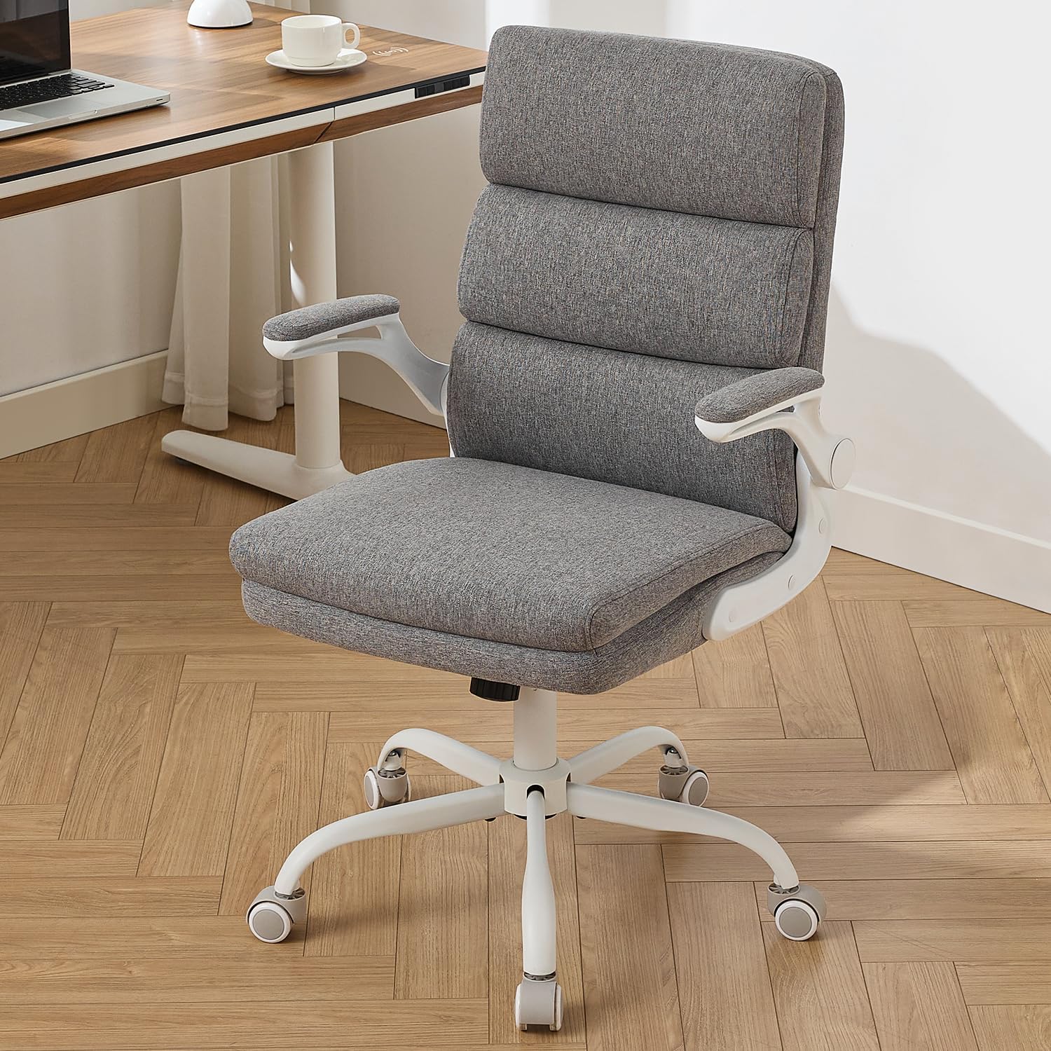 Office Chair Adjustable Desk Chair Mid Back Executive Comfortable Fabric Ergonomic Back Support Home Computer Chair with Padded Flip-up Armrest Swivel Wheels (Cement Gray)