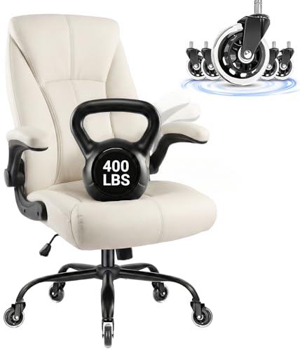 Big and Tall Office Chair for Heavy People 400lb, Executive Desk Computer Chair Adjustable Flip-up Armrests for Women, PU Leather Swivel Task Chair with Ergonomic High Back and Lumbar Support (White)