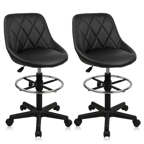 Drafting Chair with Back, Leather Rolling Swivel Stool with Adjustable Height and Footrest, Ergonomic Tall Standing Desk Office Chairs with Wheels for Home Work Shop Kitchen Bar, 2PK