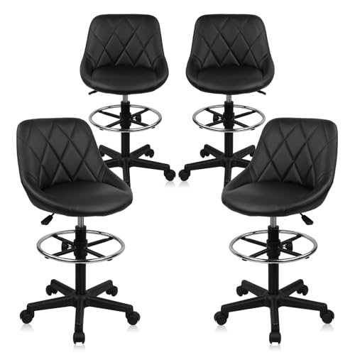 Drafting Chair with Back, Leather Rolling Swivel Stool with Adjustable Height and Footrest, Ergonomic Tall Standing Desk Office Chairs with Wheels for Home Work Shop Kitchen Bar, 4PK