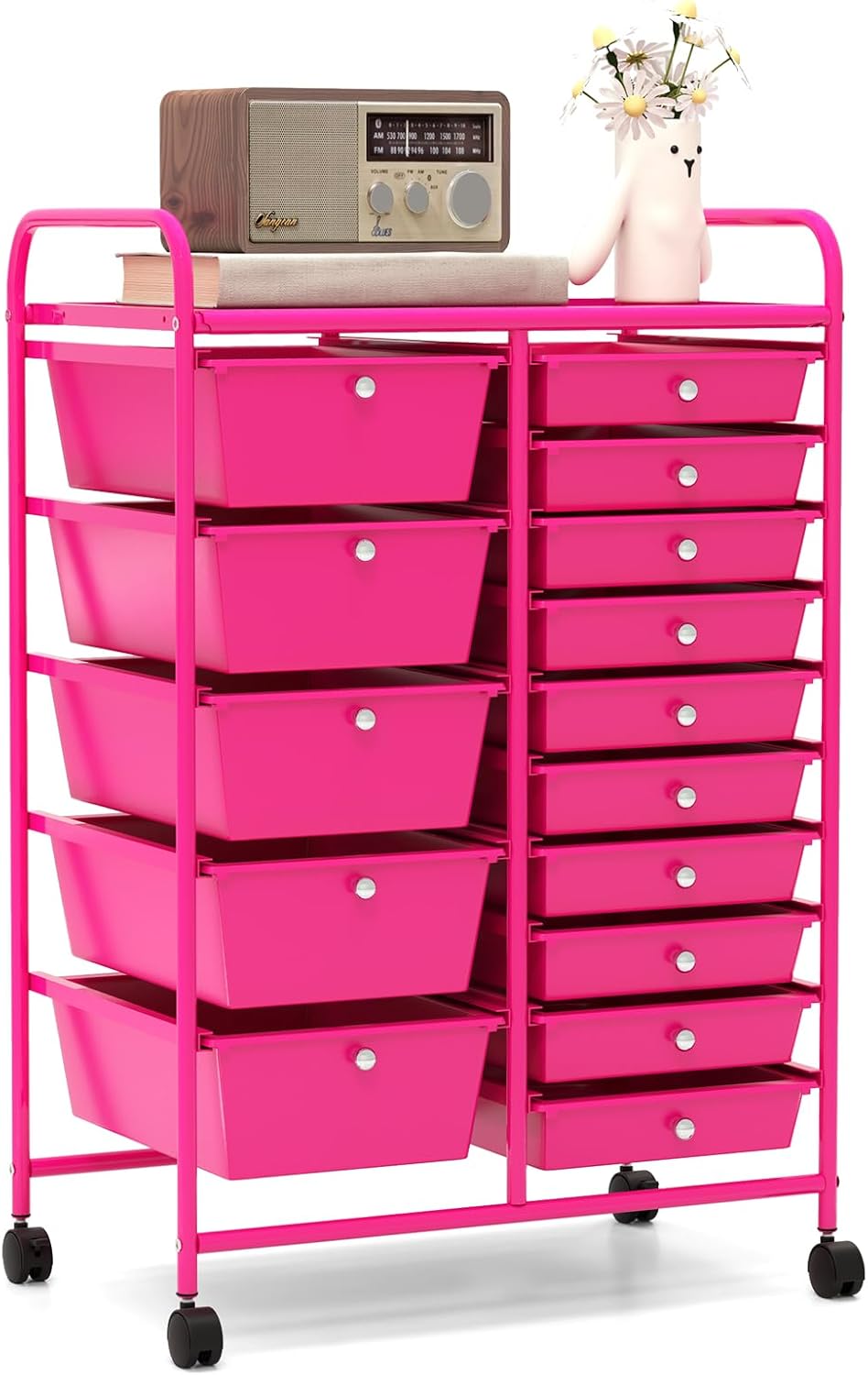 HAPPYGRILL 15-Drawer Rolling Cart (Hot Pink)