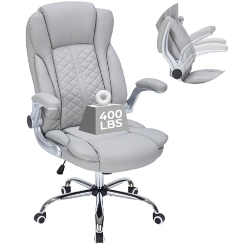 400lbs Executive Office Chair with Flip-Up Armrests, Big and Tall Computer Chair for Heavy People, Heavy Duty Ergonomic Comfy Chair, Breathable PU Leather (Grey)