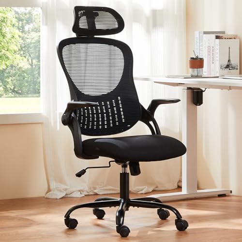 Sweetcrispy High-Back Mesh Home Office Chair with Adjustable Headrest and Lumbar Support, Flip-up Armrest Ergonomic Rolling Work Chair for Study, and Bedroom, Black