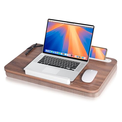 Premium Laptop Desk with Phone Holder, Wood Grain Finish, 21 Inch Portable Lap Desk, Cushioned Base for Home Office, Work