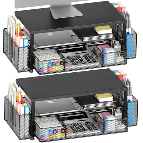 Desk Organizer and Accessories, 2-Tier Computer Monitor Stand Riser with Drawer and 2 Pen Holders, Laptop Stand, Office Desk Accessories for Office Supplies, Black 2-Pack