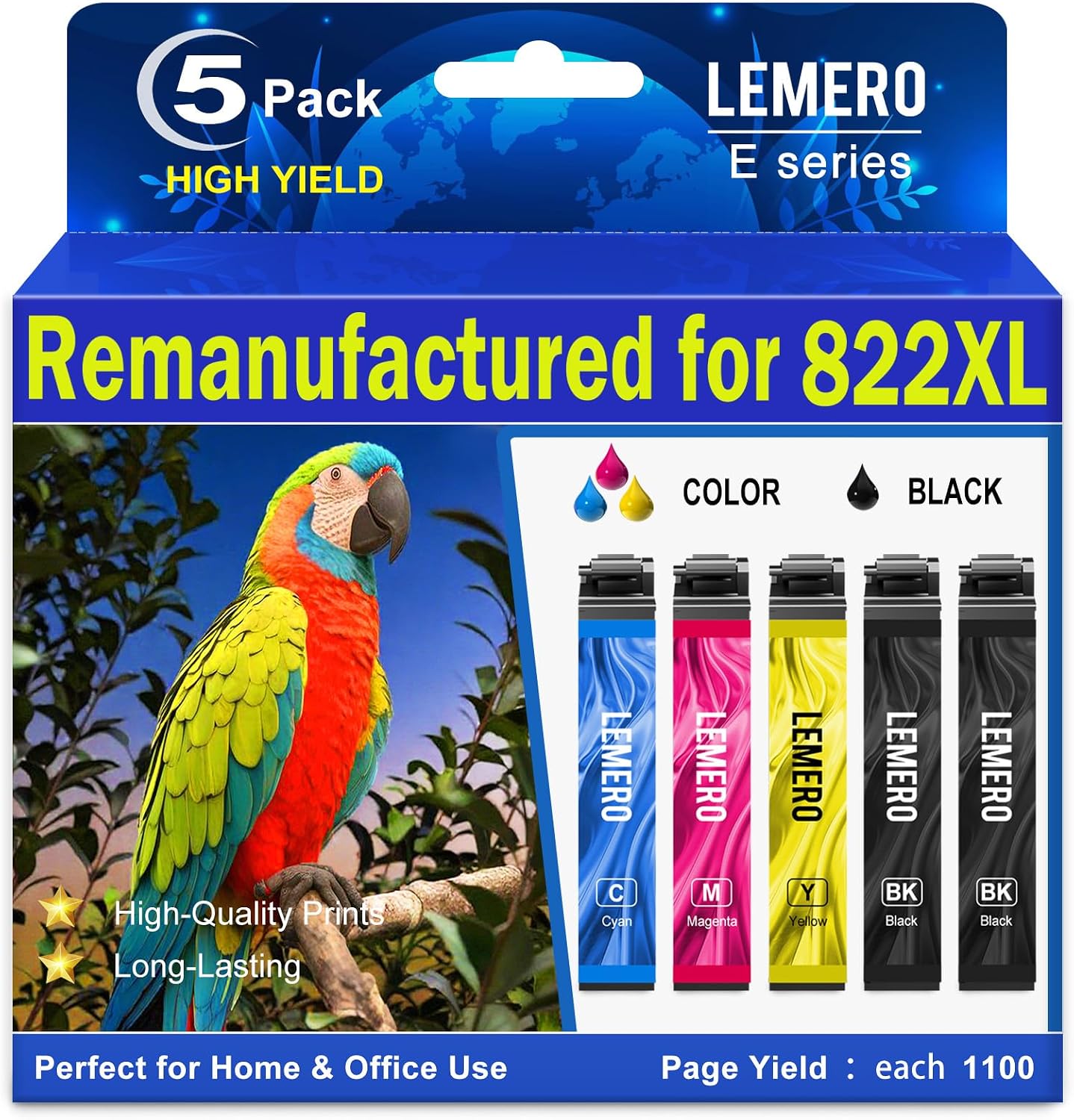 Remanufactured for Epson 822XL Ink Cartridges Replacement for Epson 822 Ink Cartridges Works with Workforce Pro WF-3820, WF-3823, WF-4820, WF-4830, WF-4833, WF-4834 Printer 5 Pack High Yield
