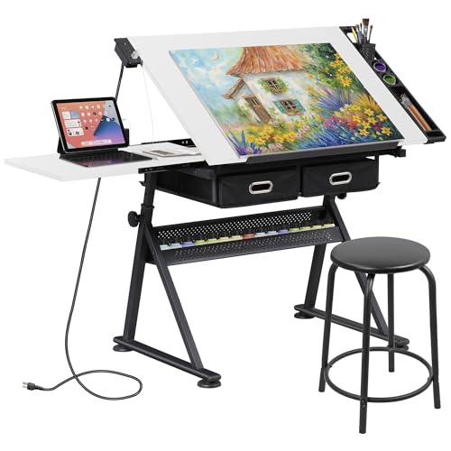ZENY Adjustable Drafting Table with Stool, Tilting Drawing Desk Artist Table with Storage Drawers, Art Craft Workstation for Home Office Reading, Writing, Crafting (White-with Outlet)
