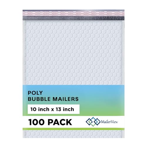 White 10x13 Inch Poly Bubble Mailers |Self Seal Padded Envelopes for Thick books | Air Cushioned Bubble Mailer | Usable Size 9.5x13 Inch | Waterproof Lightweight Mailing Shipping Bags | 100 Pack Bulk