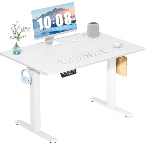 DUMOS Electric Standing Desk Adjustable Height, 4024 Inch Rising Desks Computer Gaming Table with Memory Preset LED Display Wood Board Metal Frame, Sit Stand Tables for Study Home Office, White