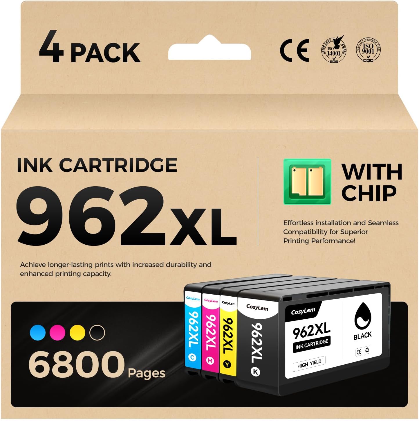 962XL Ink Cartridges Combo 4-Pack High Yield Replacement for HP 962 962XL Ink Compatible with OfficeJet 9012 Pro 9010 9014 9015 9016 9018 9019 9020 9022 9025 9028 e Printers Black Cyan Magenta Yellow